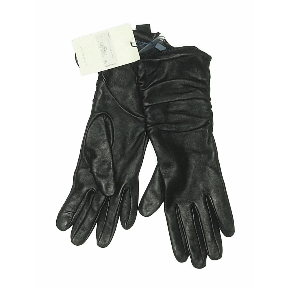 NWT! Cole Haan Womens Black Ruched Leather Gloves Touchscreen Tech Classic Sz S